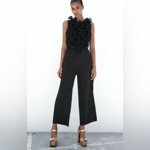 Zara Black Sleeveless Ruffled Wide Leg Belted Cocktail Formal Jumpsuit Sz S